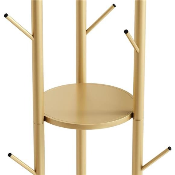 Metal Gold Freestanding Coat Hanger Stand with Double Shelves 9 Hooks Gold